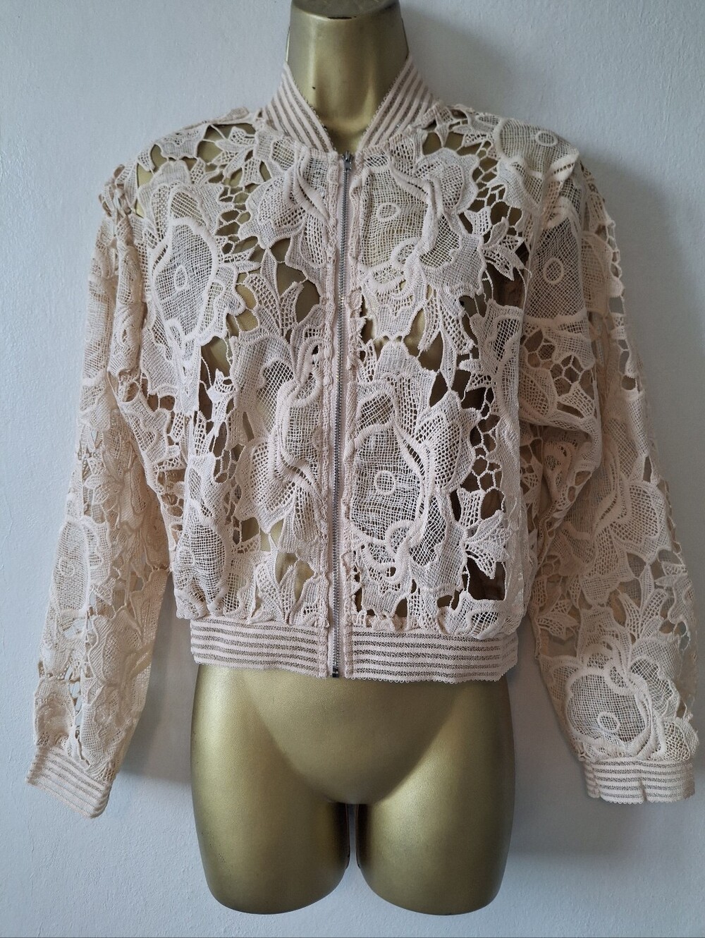 Pastels Clothing Sheer Blush Lace Bomber Jacket
